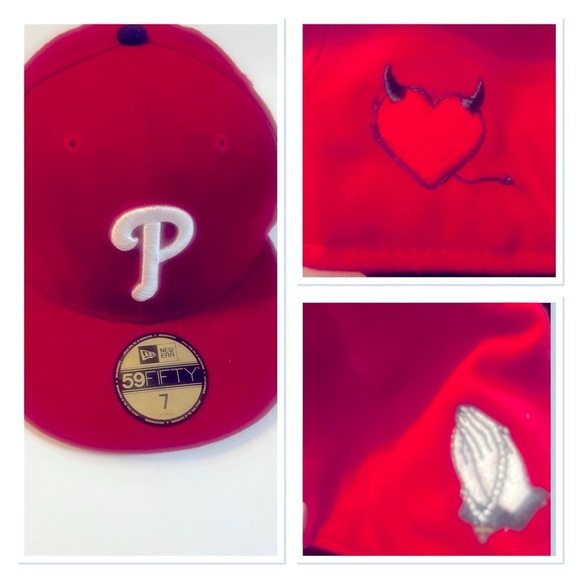 PHILADELPHIA PHILLIES 59FIFTY NEW ERA FITTED CAP Sz 7 praying hand heart horn - Picture 1 of 7